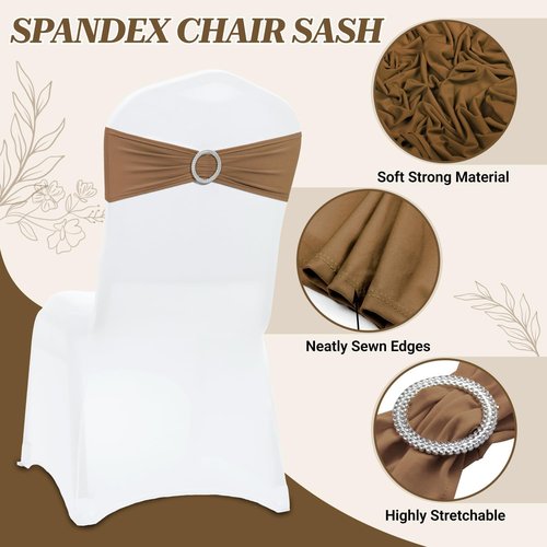 MDS Spandex Chair Sashes - Pack of 150 Universal Elastic Stretch Ties with Buckle Slider - Mocha