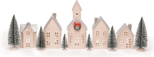 Mark Feldstein & Associates LED Holiday Figurines - Silver Rooftopped Village Set | 16 Pieces, 11 Inch