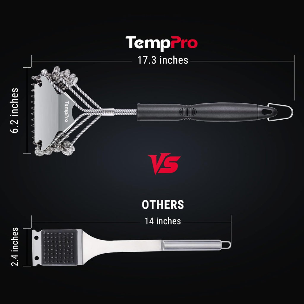 TempPro BBQ Grill Brush - Bristle-Free Stainless Steel Cleaner with Wide Scraper | Safe All-Grate Accessory