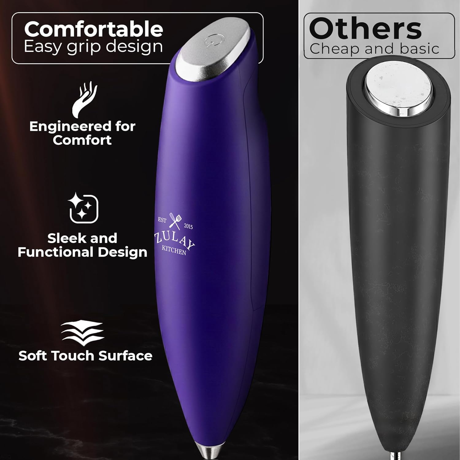 Zulay Kitchen Tornado Triple Whisk Milk Frother - Handheld Foam Maker for Coffee & Lattes - Purple