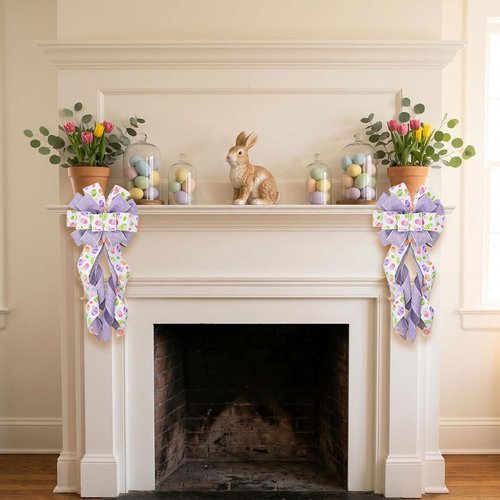 Estivaux Large Easter Wreath Bow - Purple & White Burlap with Floral Eggs | Spring Door Decor
