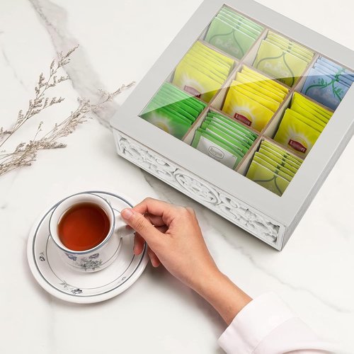 AHUONEL Tea Bag Organizer Wooden Tea Box for Tea Bags, Tea Organizer 9 Compartments Tea Chest Storage Box with Clear Lid, Tea Bag Holder Tea Caddy for Tea Coffee Sugar, Home Kitchen Office, White