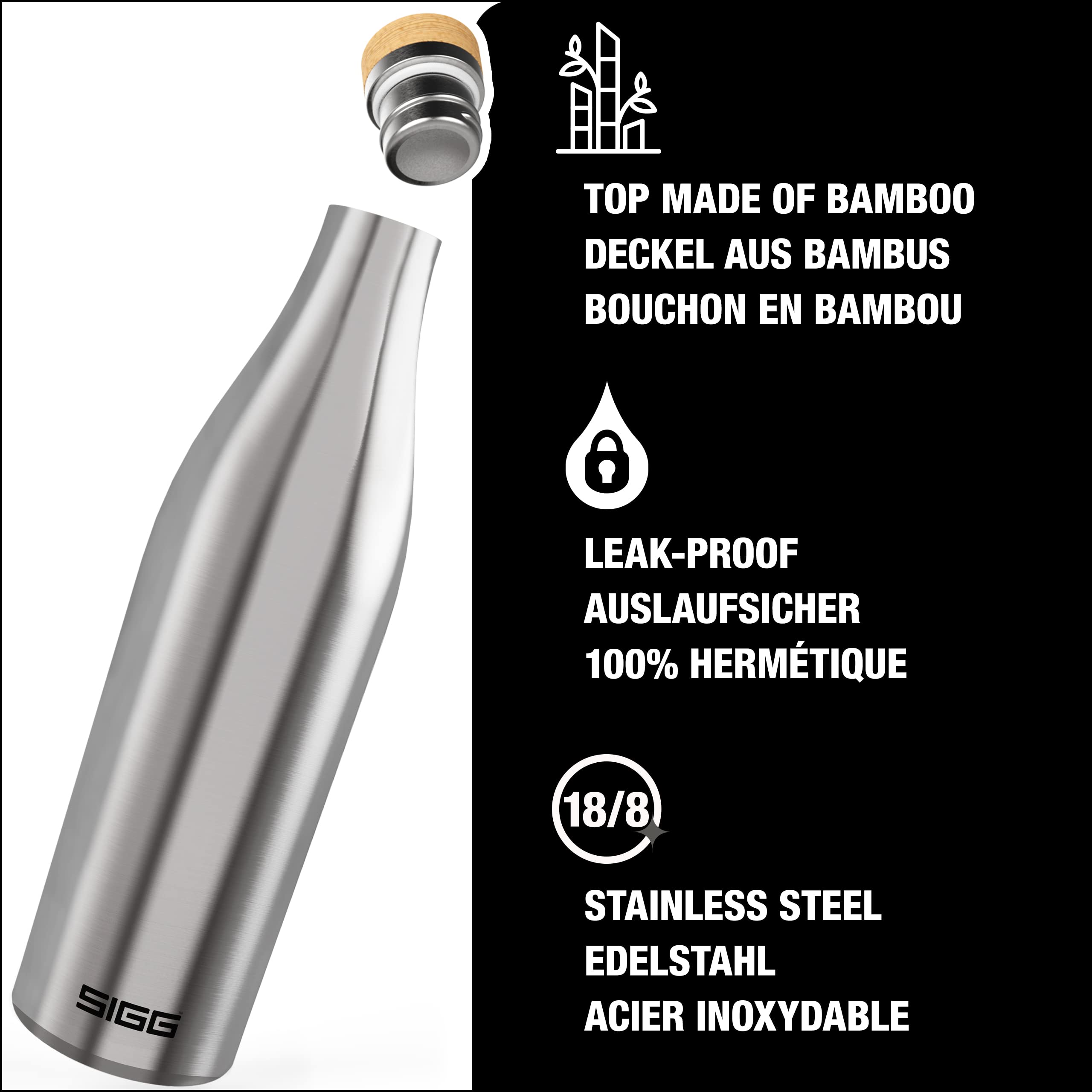 Sigg - Insulated Water Bottle - Meridian Brushed - Leakproof & Extra-Slim - BPA Free - Plastic Free - 18/8 Stainless Steel - Double Walled - Bamboo Screw Top - Brushed - 17 Oz