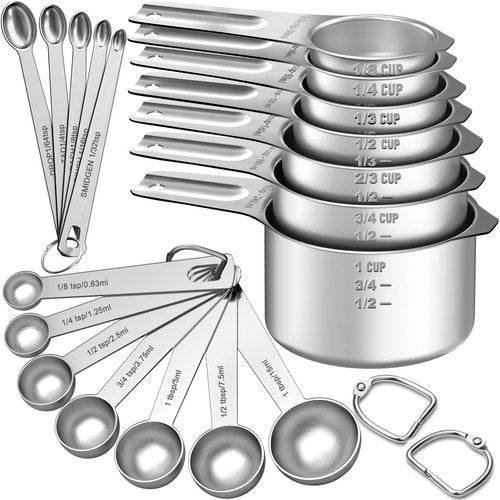EWFEN Measuring Cups and Spoons Set, 7 Stainless Steel Nesting Measuring Cups & 7 Spoons, 5 Mini Measuring Spoons & 2 Detachable Rings, Kitchen Gadgets for Cooking & Baking, Round