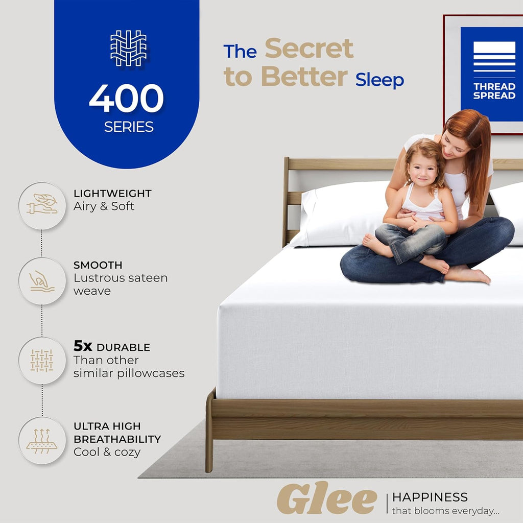 Thread Spread 100% Cotton King Size Pillow Cases - Luxury 400 Series Glee Collection, Soft & Breathable (White)