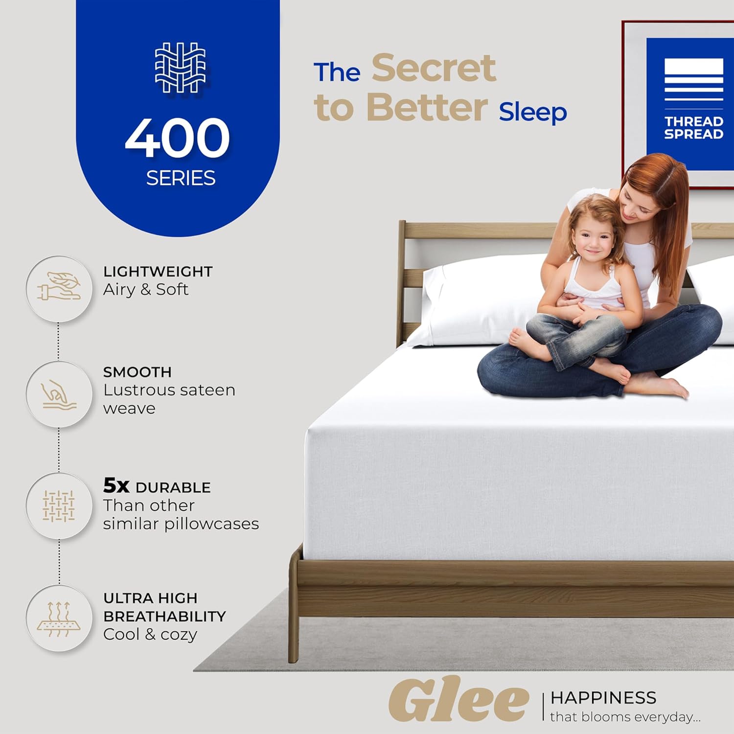 Thread Spread 100% Cotton King Size Pillow Cases - Luxury 400 Series Glee Collection, Soft & Breathable (White)