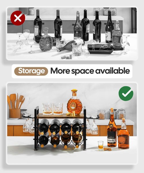 Vilaxing Countertop Wine Rack with Glass Holder and Wooden Tray, Holds 8 Bottles and 12 Glasses, Liquor Storage Stand Metal Frame for Home Decor Kitchen