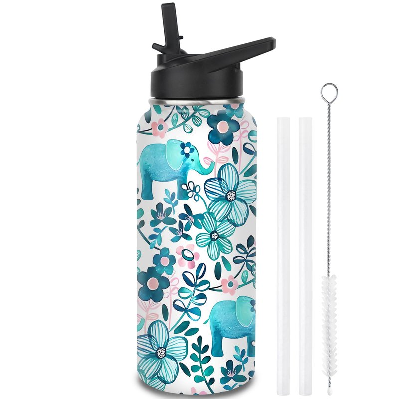 Elephant Water Bottles with Straw, 32 Oz Insulated Stainless Steel Tumbler Cup Mug Elephant Gifts for Women Girls Elephant Lovers