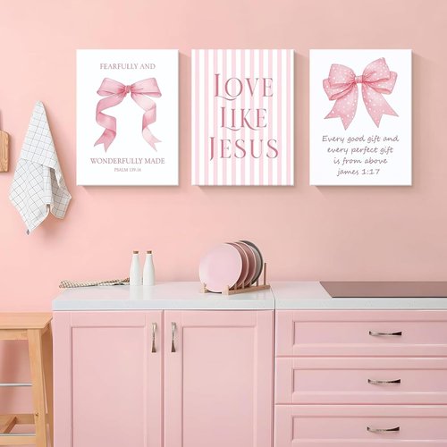 Dytila 3 Piece Pink Bows Wall Art - Cute Bible Verse Decor for Girls' Room | 12x16 Inch Dorm Artwork