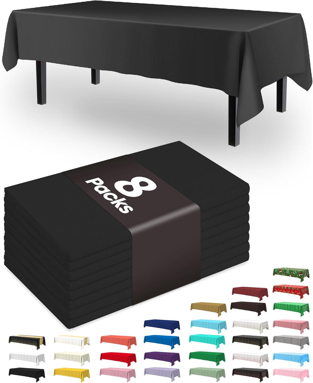Pureegg Disposable Plastic Tablecloths - 8 Pack, 54 x 108 Inch, Leakproof Black Graduation Party Decor