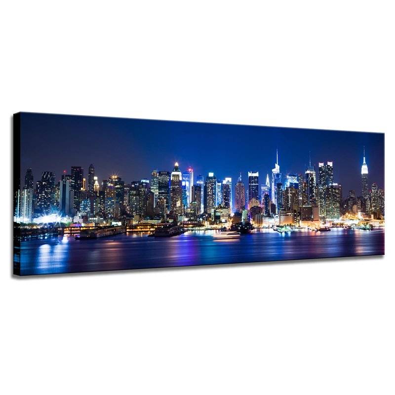 Biuteawal New York Wall Art Living Room Decor Beautiful Manhattan City Skyline Night Light Photo Poster Prints on Canvas Blue Cityscape Picture for Home Office Bedroom Decoration Ready to Hang
