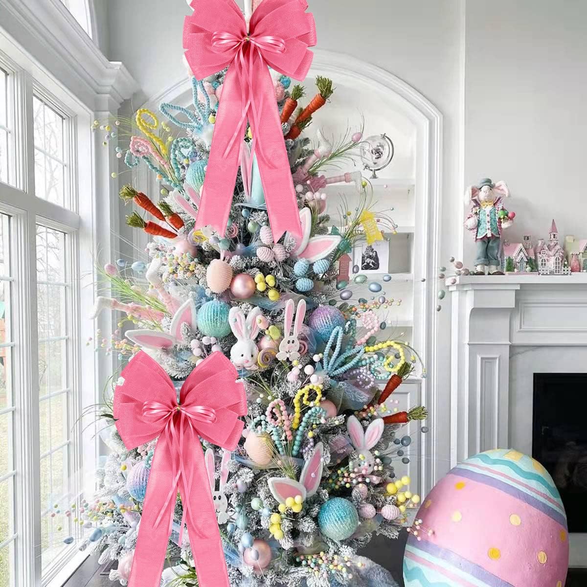 Skiennix Large Pink Easter Wreath Bows - Spring Tree Topper Decor with Burlap & Glitter String