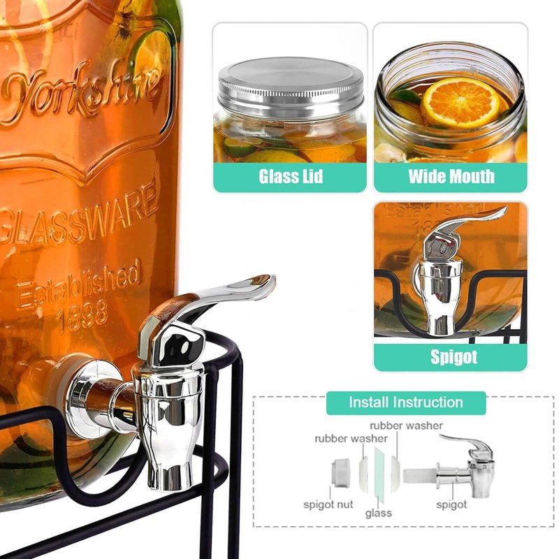 1 Gallon Glass Drink Dispensers for Parties, Large Beverage and Water Dispenser, Lemonade Dispenser, Sun Tea Glass Jar for Outside, With a Fruit Infuser, Two Spigots (PP Spigots)