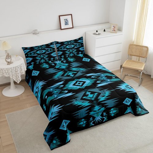 Feelyou Blue Black Southwestern Comforter Set,Tribal Native American Indian Bedding Set Twin Size,Boys Girls Bedroom Room Decor,Exotic Style Comforter,Farmhouse Western Bed Set