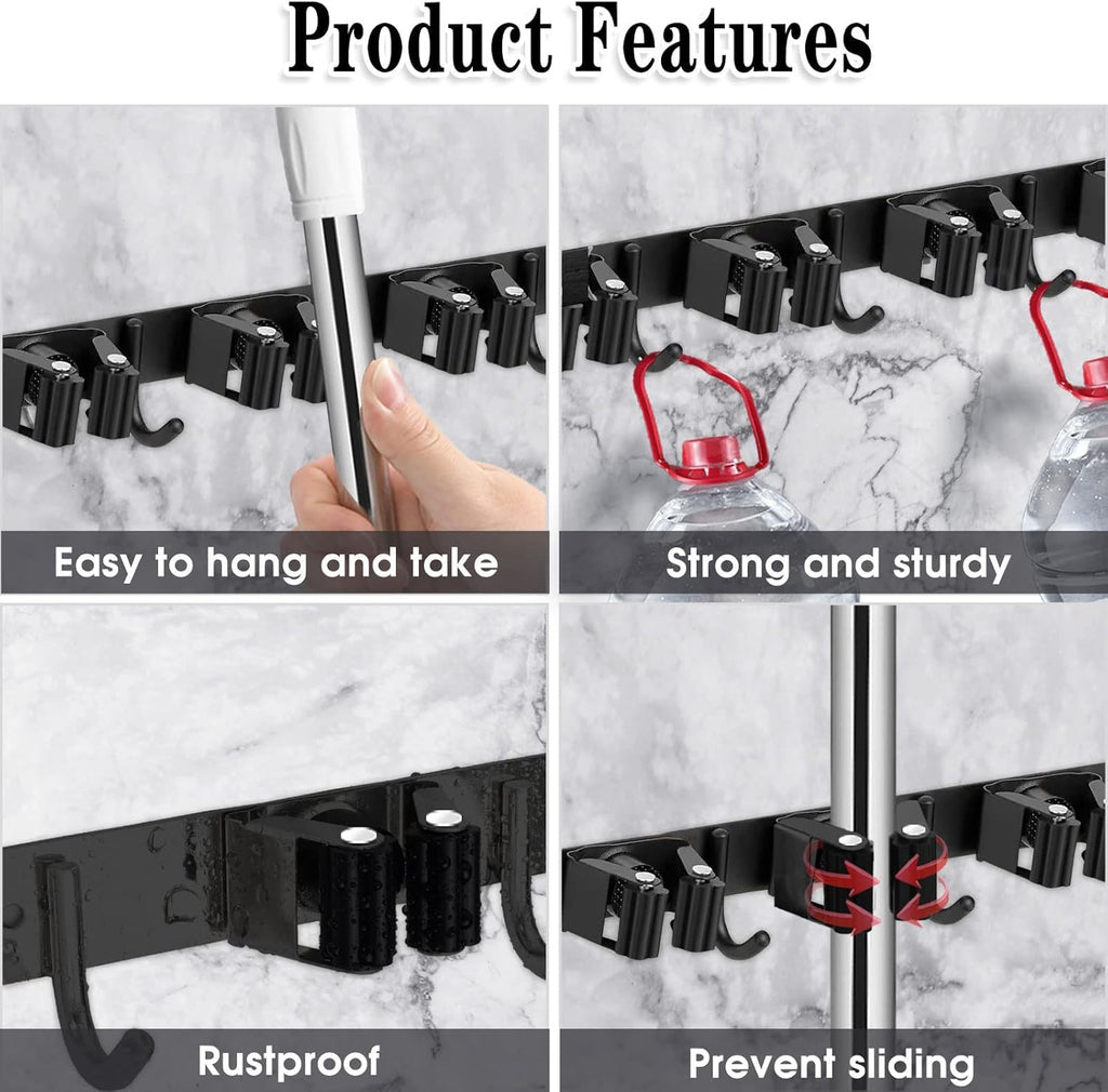 AceMining Broom Holder - 2 Pack Wall Mount Mop Organizer with 5 Racks & 4 Hooks | Heavy-Duty Stainless Steel