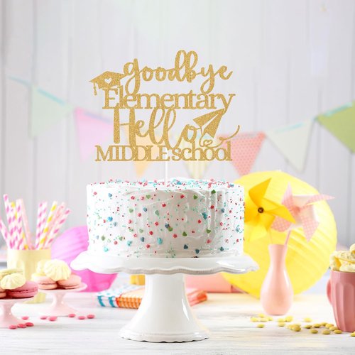 Goodbye Elementary Cake Topper - 5th Grade Graduation Decor for Middle School | Gold Glitter Design