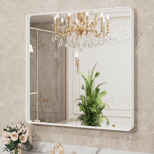 LOAAO 36x36 Inch White Metal Framed Bathroom Mirror - Large Rounded Rectangle, Anti-Rust Tempered Glass, Versatile Hanging Options