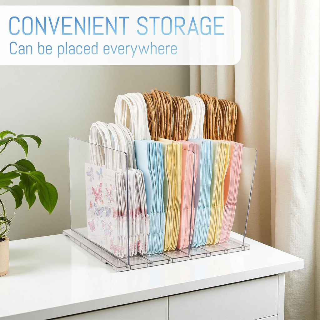 Skiennix Gift Bag Storage Organizer - Acrylic Reusable Grocery Bag Holder with Adjustable Shelf Dividers | Four Partition Design for Small Closets