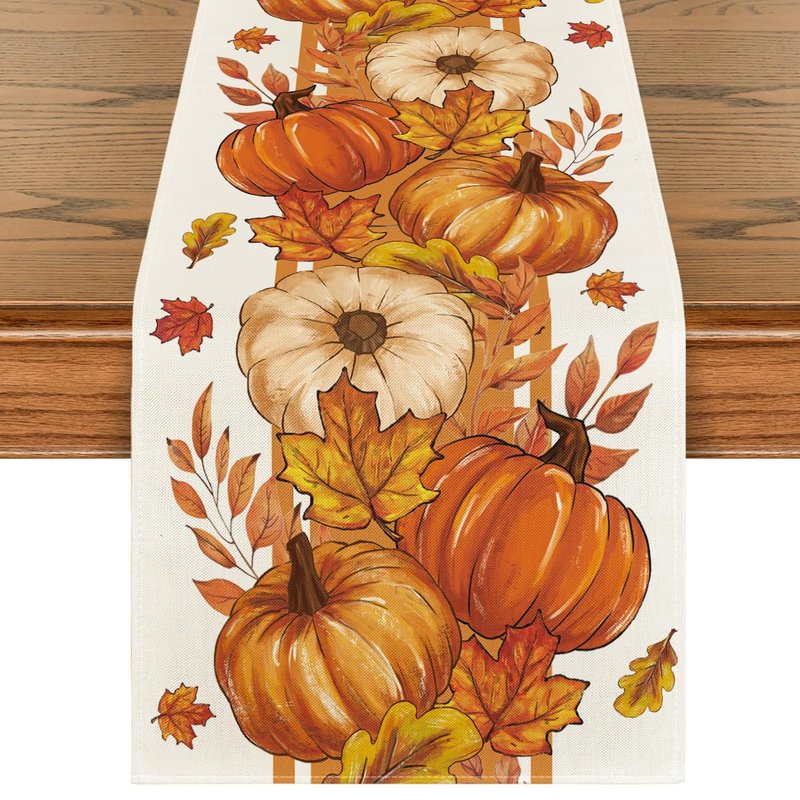 Artoid Mode Orange Pumpkin Maple Leaf Stripes Fall Table Runner, Seasonal Autumn Kitchen Dining Table Decoration for Home Party Decor 13x90 Inch
