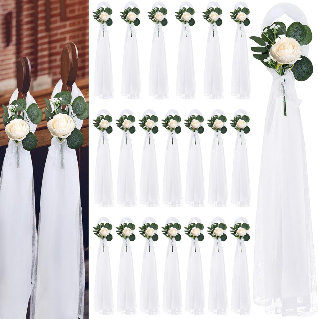 Skiennix Wedding Aisle Decorations - 39.4" Artificial Silk Rose Flowers with Long Tulle Tails - Champagne