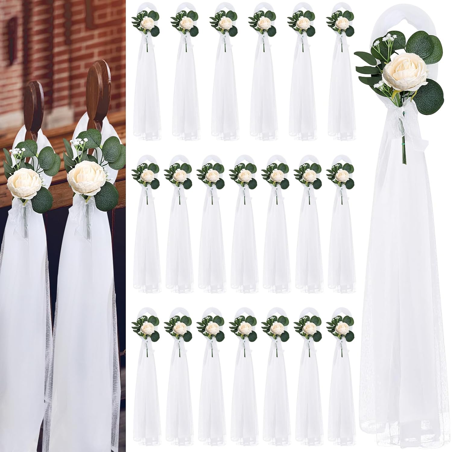 Skiennix Wedding Aisle Decorations - 39.4" Artificial Silk Rose Flowers with Long Tulle Tails - Champagne