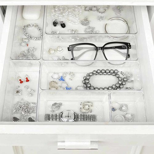 Clear Plastic Drawer Organizer Set by [Brand Name] - 25 Versatile Storage Bins & Trays | Non-Slip for Bathroom, Kitchen & Office
