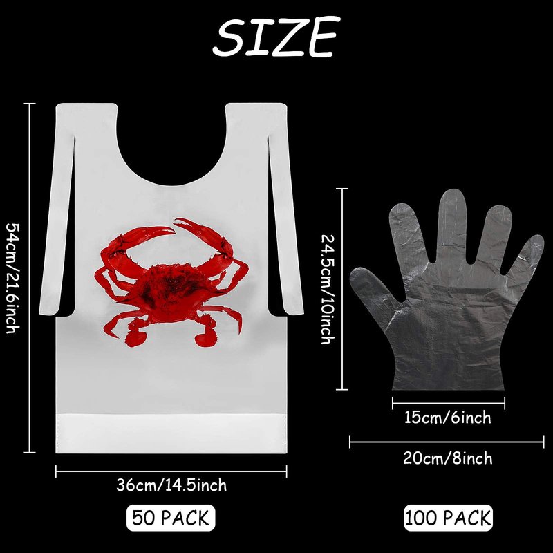 Patelai 50pcs Crab Lobster Bibs and 50 Pairs of Plastic Disposable Gloves Disposable Adult Crab Feast Bibs for Seafood(Crab Style)