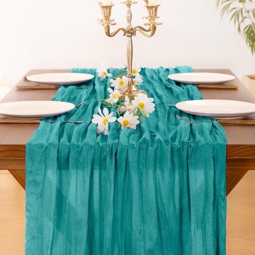 **Socomi Teal Blue Cheesecloth Table Runner - 120 Inch Boho Rustic Decor for Weddings & Events**