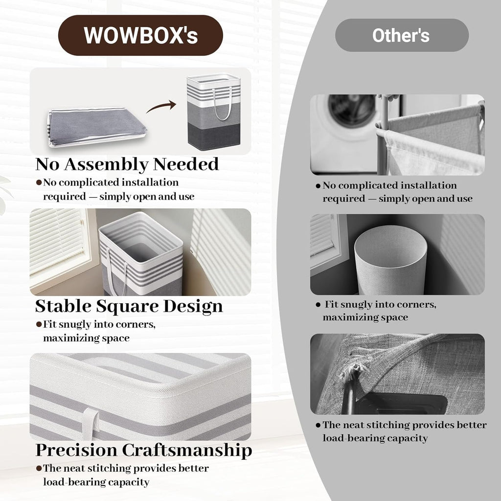 WOWBOX Laundry Baskets - 2 Pack Freestanding Hampers with Waterproof Coating & Reinforced Handles | 75L Grey