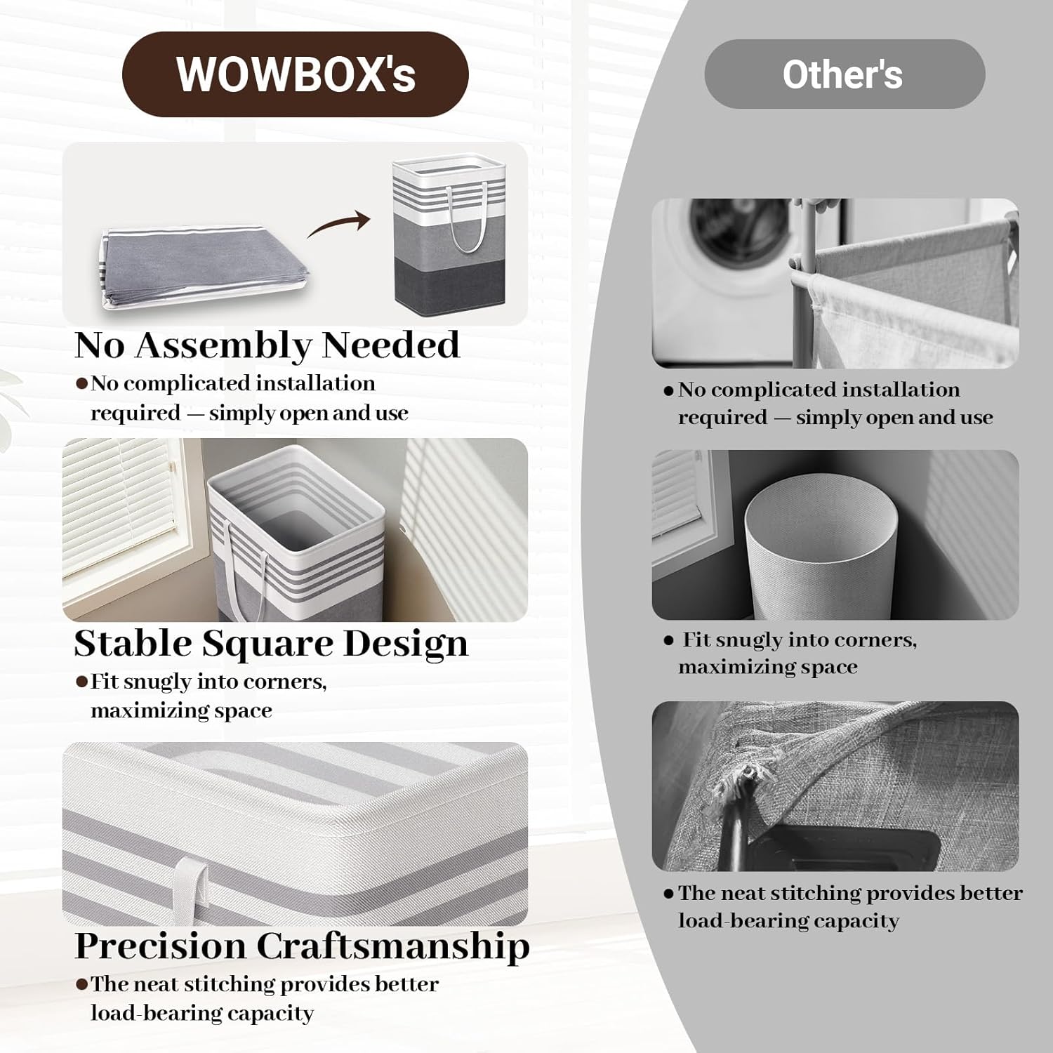WOWBOX Laundry Baskets - 2 Pack Freestanding Hampers with Waterproof Coating & Reinforced Handles | 75L Grey