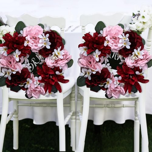 Artificial Flower Candle Rings - 6-Inch Rose Floral Wreaths with Butterflies for Wedding Centerpieces | Burgundy & Pink (Set of 2)