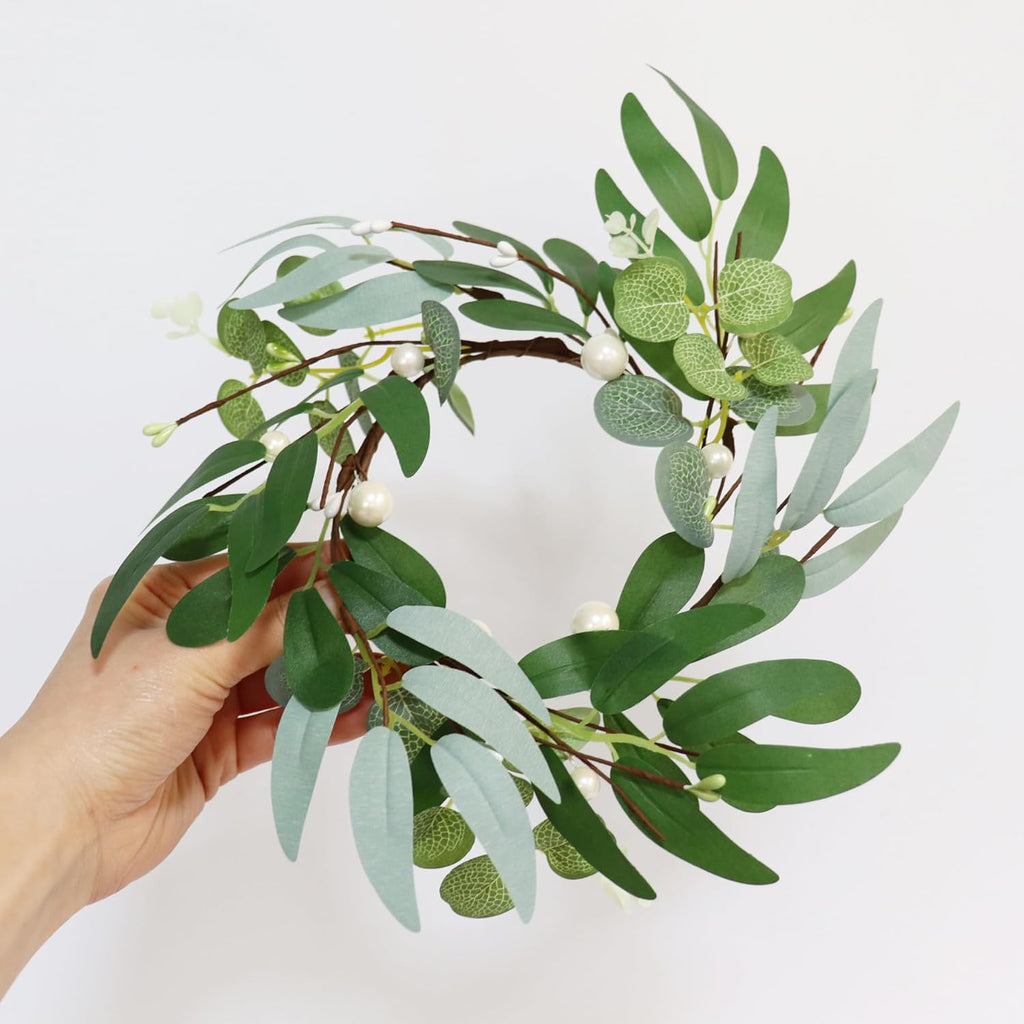 Skiennix 4-Inch Greenery Candle Rings - Artificial Eucalyptus Wreaths with Pearl Berries for Home Decor | 2 Pack