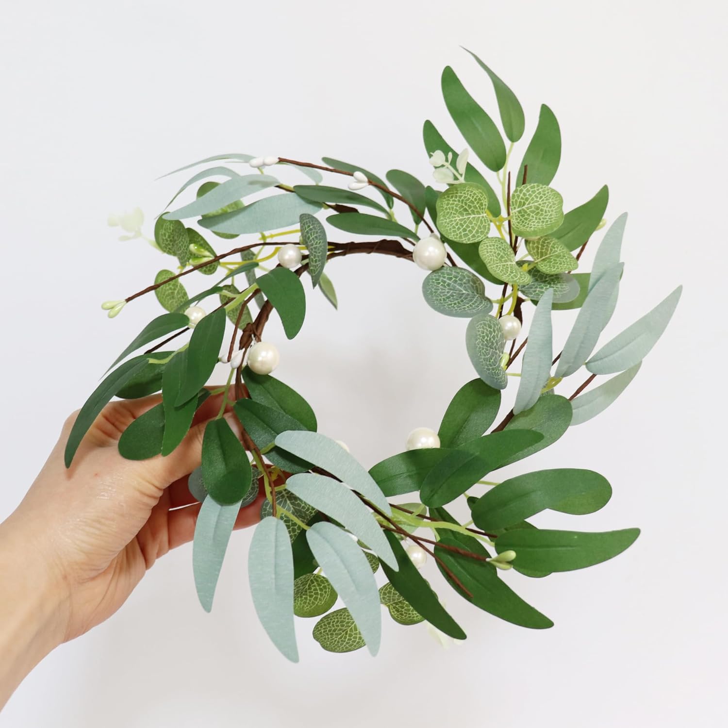 Skiennix 4-Inch Greenery Candle Rings - Artificial Eucalyptus Wreaths with Pearl Berries for Home Decor | 2 Pack