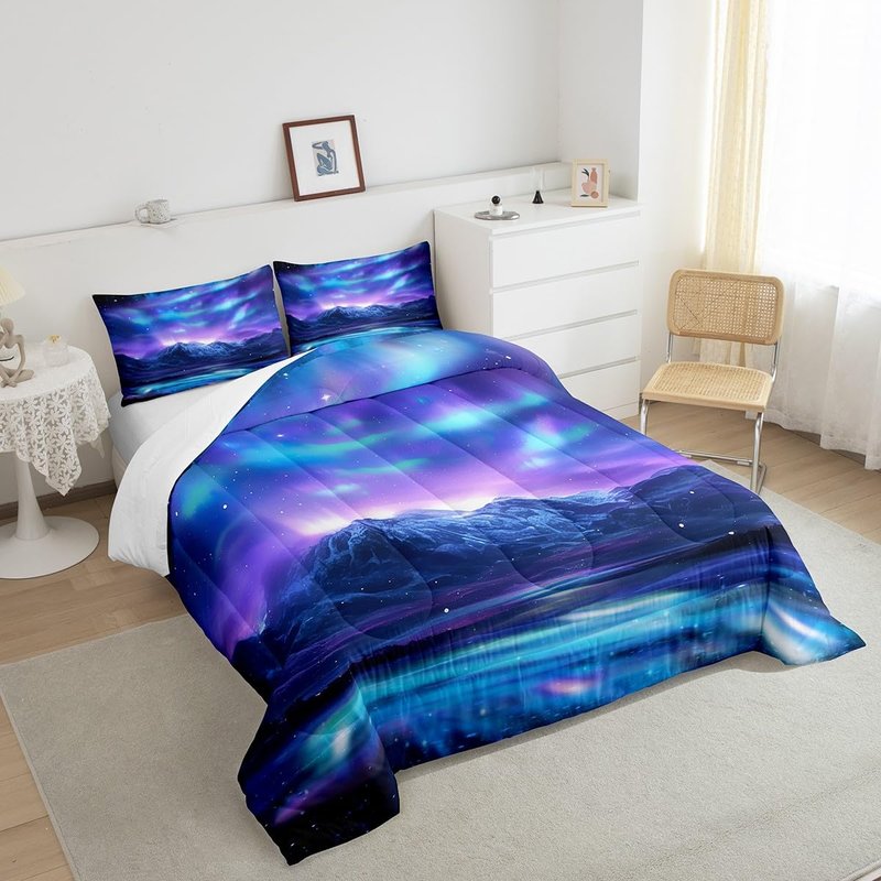 Feelyou Northern Light Comforter Set Soft Galaxy Bedding Set Blue Purple Starry Sky Aurora Decor Quilted Duvet Bed Set with Comforter for Girls Boys Bedroom (Twin, 2 Pieces)