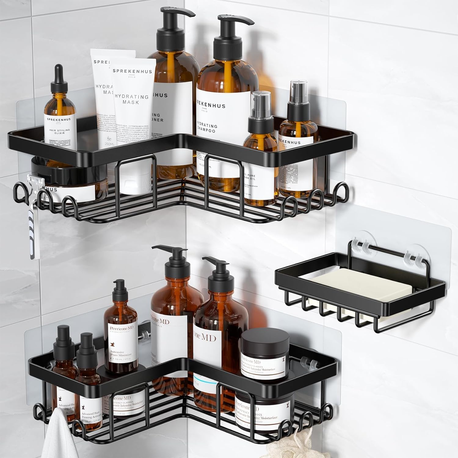 YASONIC L-Shaped Shower Curtain Rod - Durable Design with 3 Pack Corner Shower Caddy