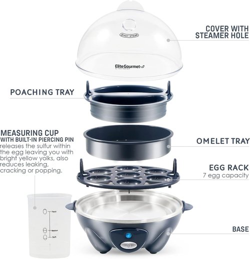 Elite Gourmet Electric Egg Cooker - 7 Egg Capacity for Soft, Medium, Hard-Boiled, Poached & Scrambled Eggs | BPA-Free with Auto Shut-Off
