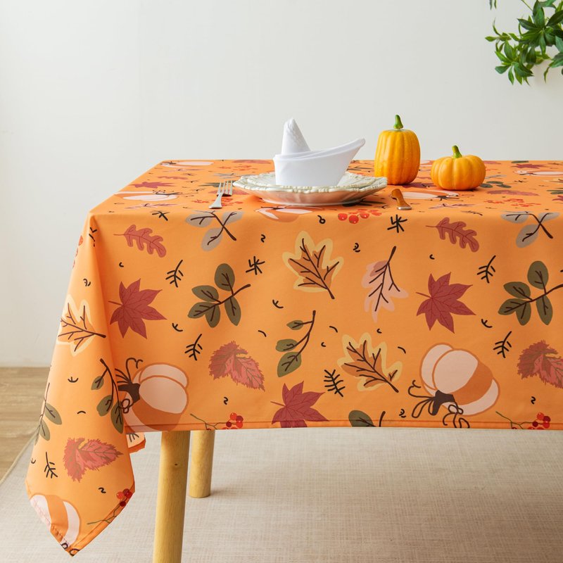 LOSIVISHE Thanksgiving Waterproof Tablecloth – Fall Harvest Pumpkins, Maple Leaves & Berries Print – Autumn Rectangle Table Cover for Dining or Party, Brown, W60 x L120 in