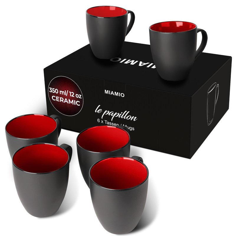 MIAMIO - Set of 6 Coffee Mugs 12 oz, Modern Ceramic Coffee Cup Set, Large Mugs for Coffee, Cappuccino and Tea, Kitchen Mug Set for Home and Office – Le Papillon Collection