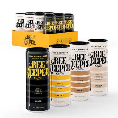 Beekeeper Mocha Latte Cold Brew Coffee Drinks with Oregon Honey | 12 Pack Refreshing Iced Coffee - Unsweetened & Strong Arabica Brew, 8 fl oz Ready-to-Drink Can - 180mg Natural Caffeine