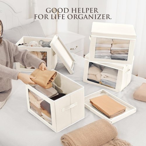 Homsorout Storage Bins - 4 Pack Large Fabric Storage Cubes with Lids & Handles | Beige Organizing Solution