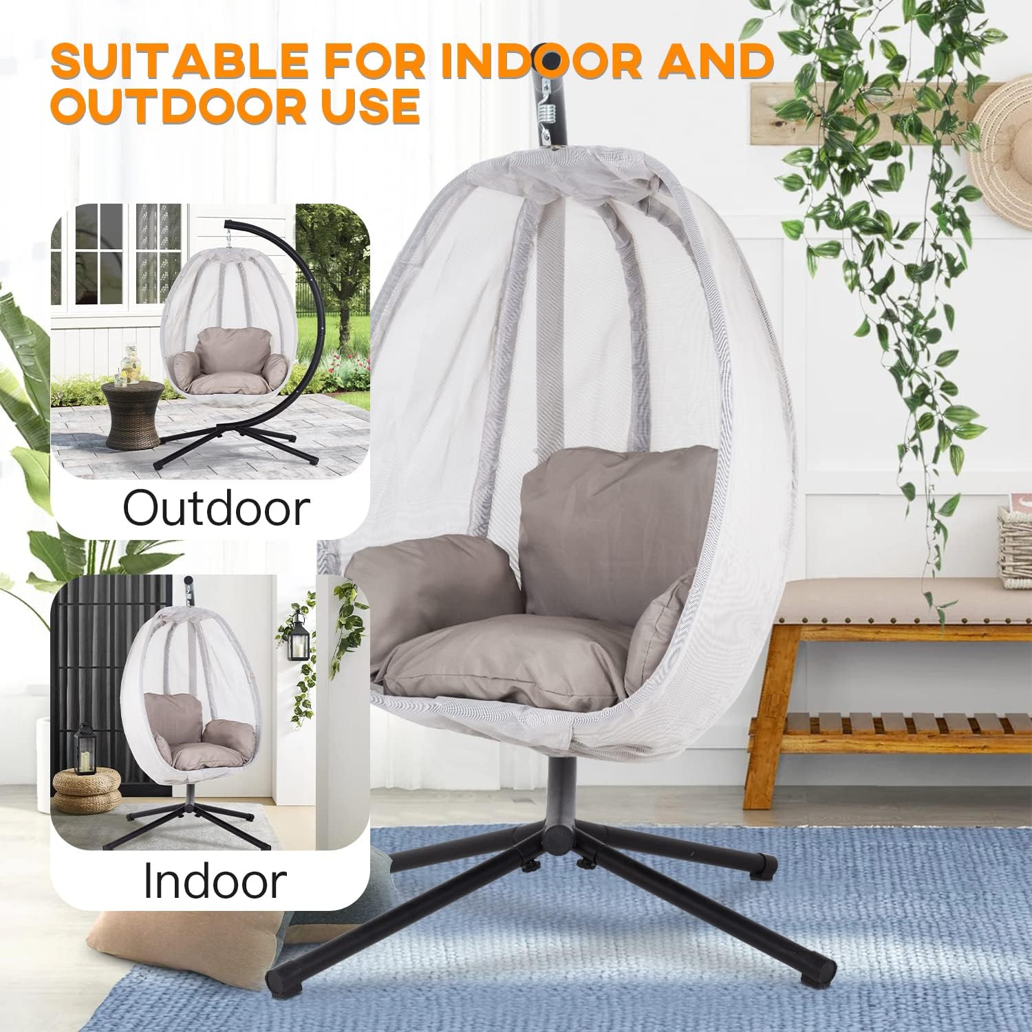 Skiennix Swing Egg Chair - Comfortable Hammock Chair with Metal Stand & Cushion | 400LBS Capacity, Gray