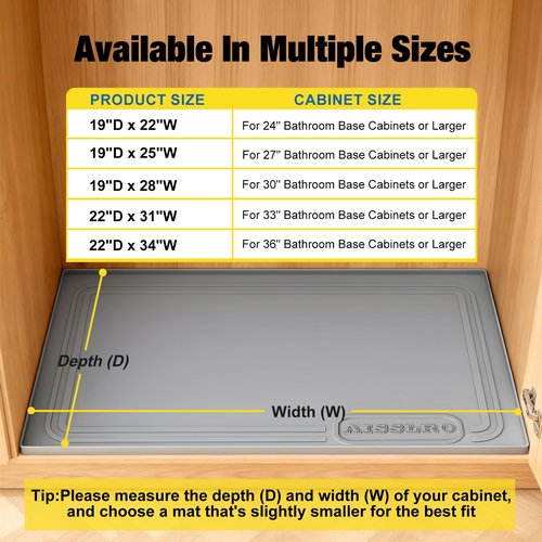 Aisslro Under Sink Mat 25" X 19", Waterproof Silicone Under Sink Mats for Kitchen, Anti-Leak Shelf Liner & Cabinet Protector with Raised Edge, [BPA Free] Bathroom Tray Home Organizer, Dark Gray