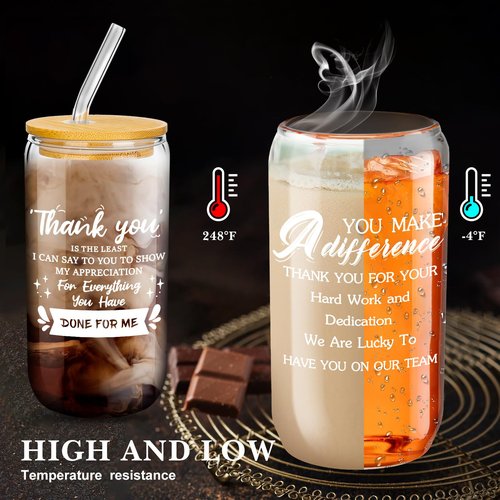Purpeak 12 Set Employee Appreciation Gifts Thank You Glass Cups Gifts for Staff Coworker Appreciation Cups 16 oz Can Shaped Beer Glass with Lids Straws Brushes for Teacher Nurse(Hard Work)