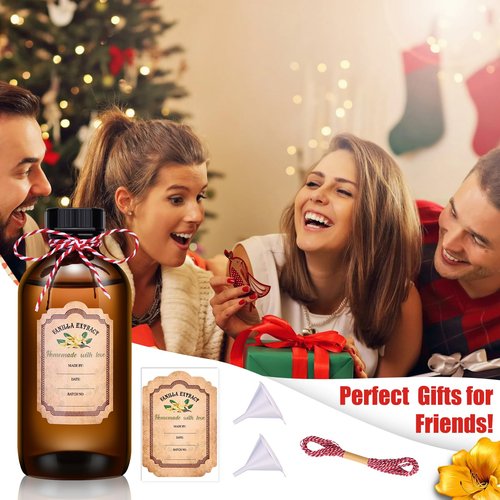 12 Pack Amber Glass Bottles for Vanilla Extract Homemade 8 oz,Vanilla Extract Bottles,Brown Boston Round Bottle with Caps and Stickers,Glass Food Storage Canister for Syrup Beans Sauce Essential Oil