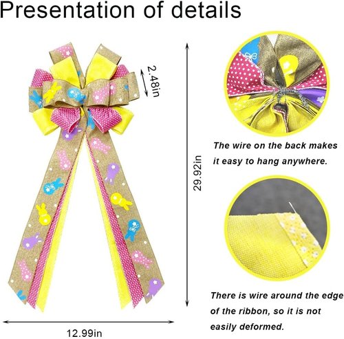 Hying Easter Wreath Bow - Flaxen Yellow & Pink Burlap Ribbon | Large Holiday Spring Decor