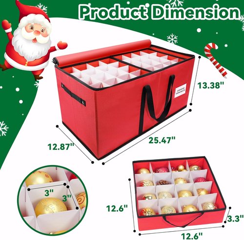 Christmas Ornament Storage Box - Durable 600D Oxford Container Holds Up to 128 Ornaments | 8 Trays, Red
