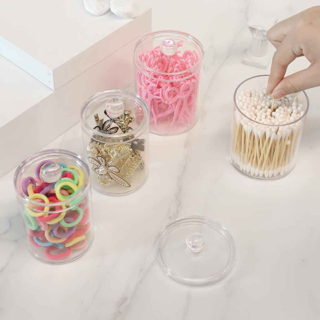 Skiennix Acrylic Qtip Holder Dispenser Set - 4 Pack Canisters for Makeup & Bathroom Organization | 10 & 12 oz