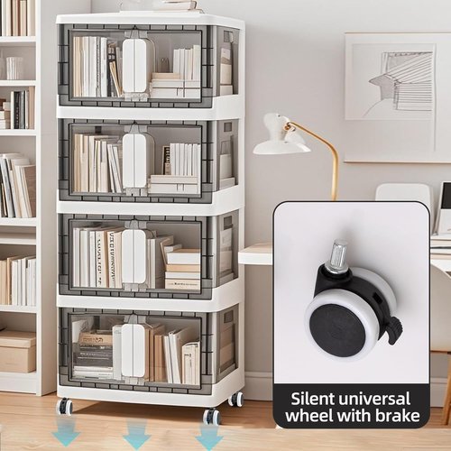 Folding Storage Organizer - Heavy-Duty Plastic Bin with Clear Door | Stackable Design, 3 Sizes (19.5/23.5/27.5in) in Black/White