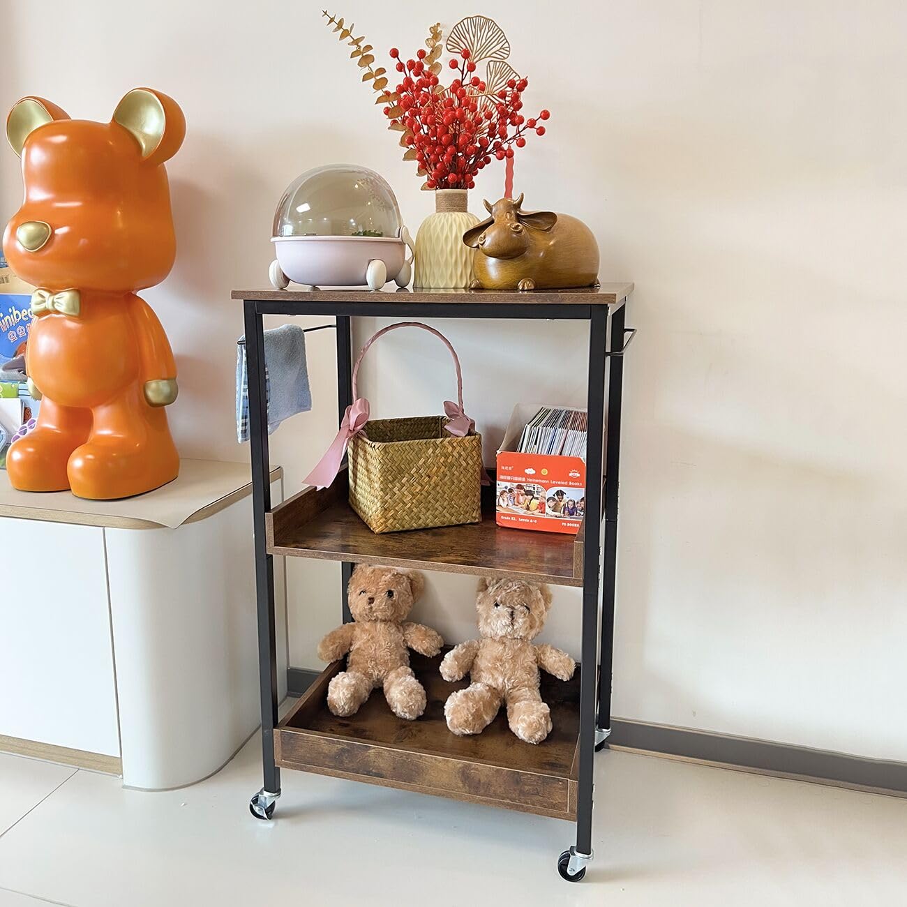 Kersiki 3-Tier Rolling Utility Cart with Table Top- Wooden Utility Cart wit Wheels- Kitchen Storage Microwave Table Stand, Mesh Shelves, for Living and Kitchen Room Office (Brown)