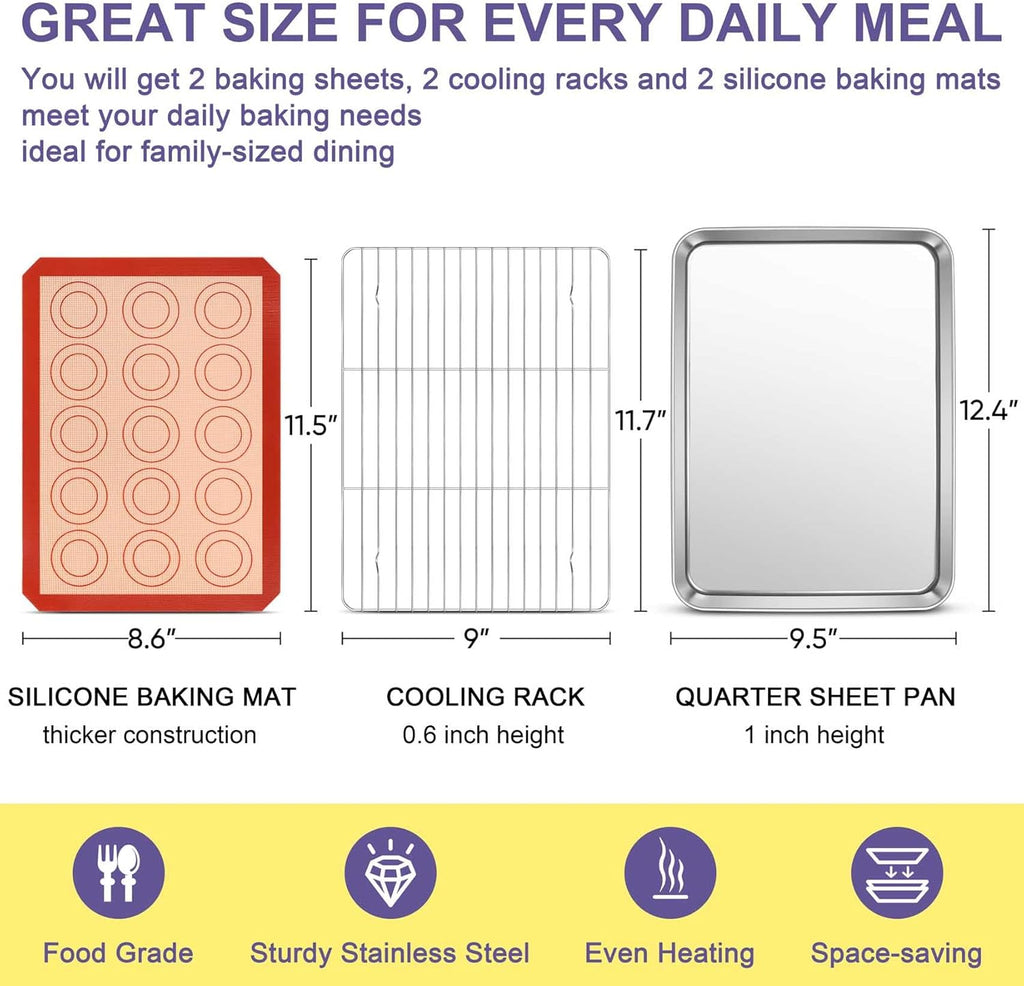 TeamFar Stainless Steel Baking Sheet Set - 12.5-Inch Cookie Pans with Cooling Racks & Silicone Mats | Non-Toxic, Easy Clean